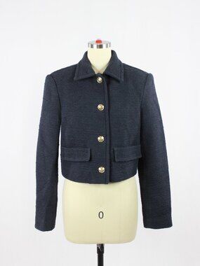 Aritzia BABATON Frances Navy Cotton Boucle Tweed Cropped Blazer Jacket, Size S